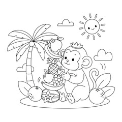 Fototapeta premium Monkey cute cartoon enjoying tropical fruits under palm tree in sunny beach coloring page