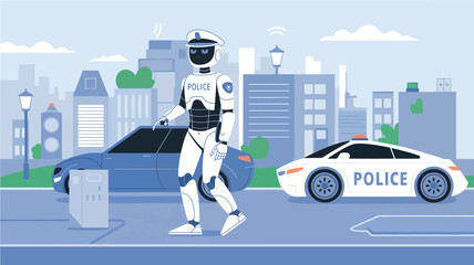 White humanoid police robot walking on a city street with a patrol car and buildings in the background © srdesignhouse