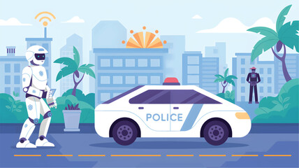 White robot police officer walking past a parked patrol car in a stylized urban city street scene © srdesignhouse