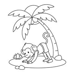 Monkey cute cartoon exploring island nature near palm tree scene coloring page © Crafter
