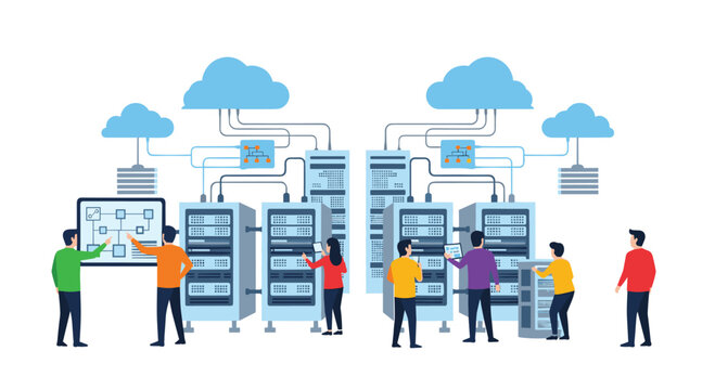Collaborative team works on complex server racks and digital diagrams to optimize cloud computing and network management within a professional setting.