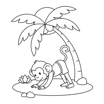 Monkey cute cartoon exploring island nature near palm tree scene coloring page