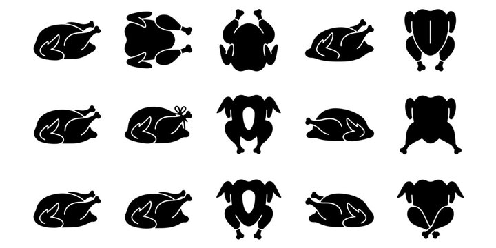 Roasted chicken silhouette icons, 15 black poultry vector elements, whole turkey and grilled hen symbols for restaurant menus and food packaging