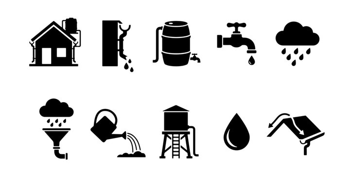 Rainwater harvesting icon set, sustainable water collection system symbols, 10 black vector elements for eco-friendly irrigation and conservation