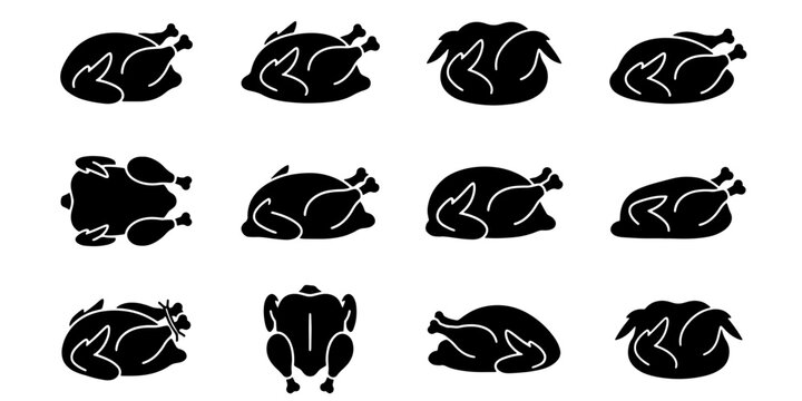 Roasted chicken silhouette icons set, 12 vector elements of cooked turkey and poultry, black flat meat symbols for restaurant menus and food packaging