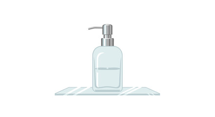 Obraz premium Minimalist glass shelf holds a single clear pump bottle containing liquid soap against a stark white background with soft and gentle light shadows.