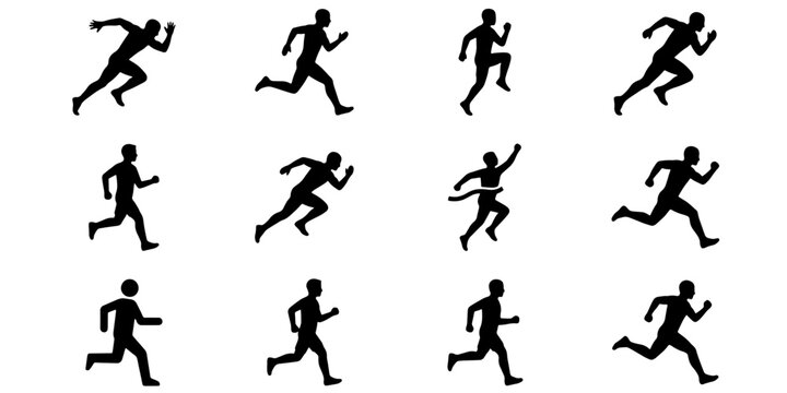 Running man silhouette icons, set of 12 athlete sprinting and jogging vector figures, black male runner poses for sports and fitness design