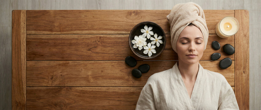 Woman relaxing at spa with flowers in water bowl, candle and hot stones on wooden table
