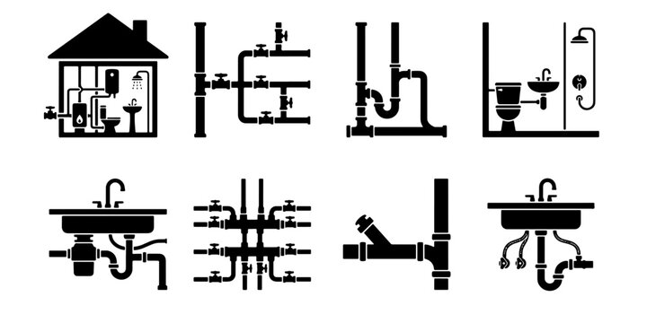 Plumbing system icons set, house water pipe network diagrams, bathroom fixture and drainage vector silhouettes for home maintenance