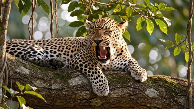 Leopard on tree branch roaring in green forest wild animal big cat spotted fur resting on mossy wood safari nature wildlife scene
