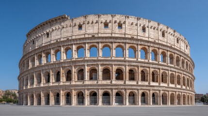 Fototapeta premium Ancient Roman Coliseum Under Bright Blue Sky Showcasing Weathered Stone Architecture in a Stunning Outdoor Setting