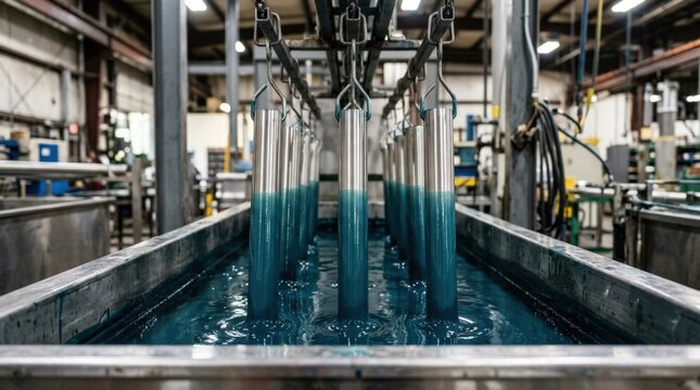 Closeup medium shot of tubes being immersed in a dip tank filled with polymer coating solution highlighting the smooth submersion process and uniform coverage.