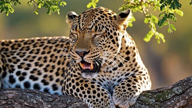 Leopard resting on tree branch in green forest, wild animal with spotted fur, big cat predator in natural habitat, calm mammal, safari wildlife scene
