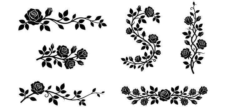 Vintage black rose silhouettes, elegant floral vine dividers and borders, set of 6 decorative rose branch vector elements for wedding invitations