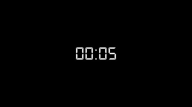 Digital countdown clock timer in 10 to 0 second. White text number on isolated black background.10 second timer countdown animation, countdown timer animation on black background, 4k video
