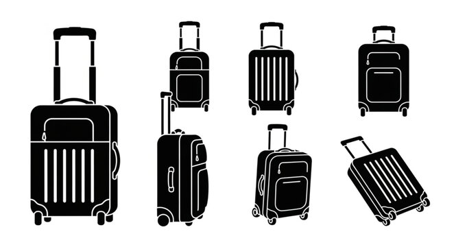 Collection of black rolling suitcases and luggage on white background.