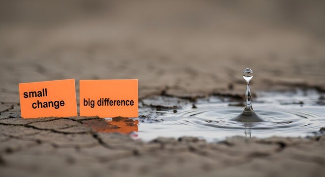 A single raindrop creates ripples in a dry, cracked mud puddle with inspirational signs reading small change big difference.
