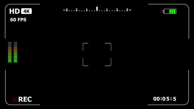 4K camera recording overlay with alpha channel. Viewfinder grid frame with timecode counter and REC icon blink. Vertical streaming recorder HUD for video editing footage.