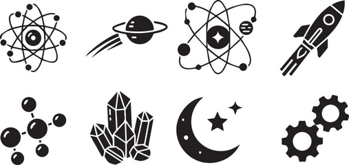 Science and Space Icons Set - Atom, Rocket, and Planet Silhouettes © Vector 4 You
