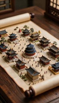 an ancient Chinese scroll unrolled on a dark wooden table. The scroll features a stunning 3D miniature city with incredibly detailed traditional architecture, including curved-roof pavilions and a pro