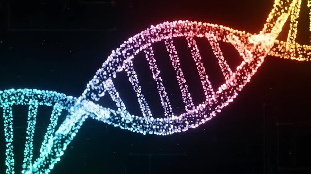 Close-up of a flowing, rainbow-colored DNA strand made of particles.