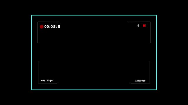 Camera recording screen viewfinder frame with timer, time code and REC icon animation. Camera recording frame. camcorder and video streaming. Camera recording screen overlay with alpha channel.