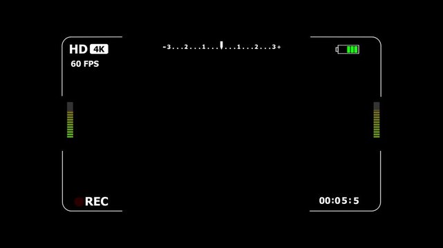 Camera recording screen interface overlay. Camera screen recorder viewfinder with timer, time code and REC blink animation. Camera overlay template for DSLR, camcorder and vertical streaming.