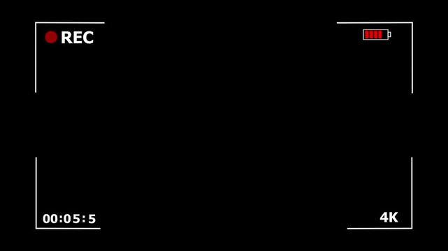 Video recording frame overlay with REC HUD. REC camera overlay screen. Viewfinder frame HUD with timecode and battery icon. Clean recording interface for video editing.
