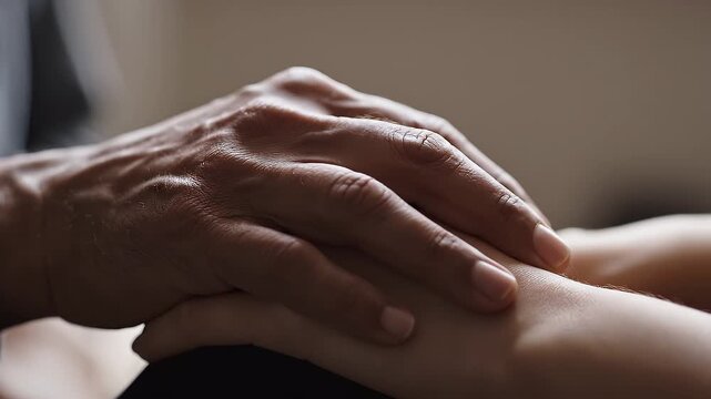 Close Up of Senior Hand Comforting Younger Hand, Empathy and Generational Support Concept