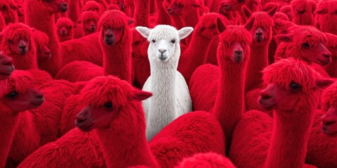 Fototapeta premium A single white alpaca stands out amongst a large herd of red alpacas