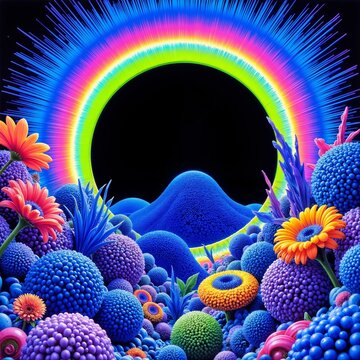 surreal landscape with a rainbow and a black sun