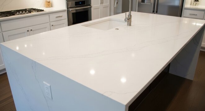 A perfectly smooth white quartz countertop with subtle veining in a modern kitchen setting, showcasing elegance and durability.
