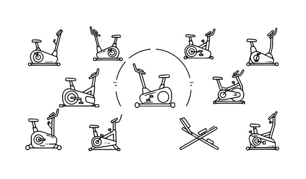 Stationary bike icon set with fitness cycling machines and modern exercise equipment line art vector collection