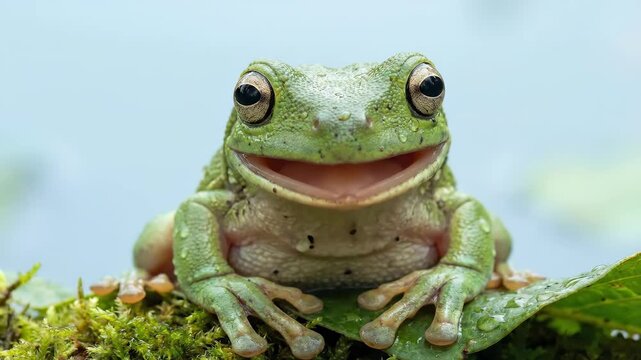 Close up of a happy green tree frog with mouth open wide.
