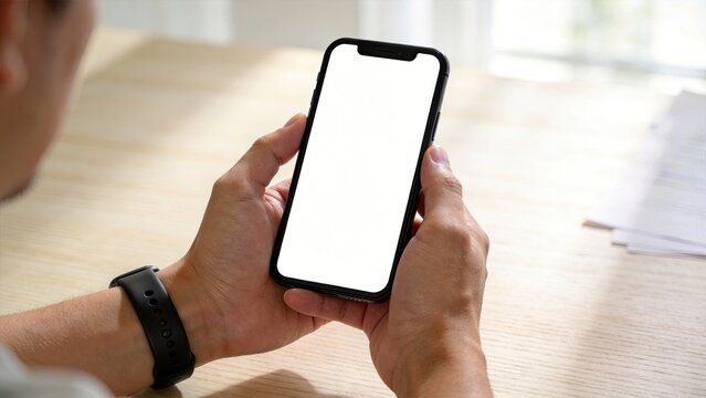 Business man holding modern smartphone with blank screen for your design mockup presentation office work concept