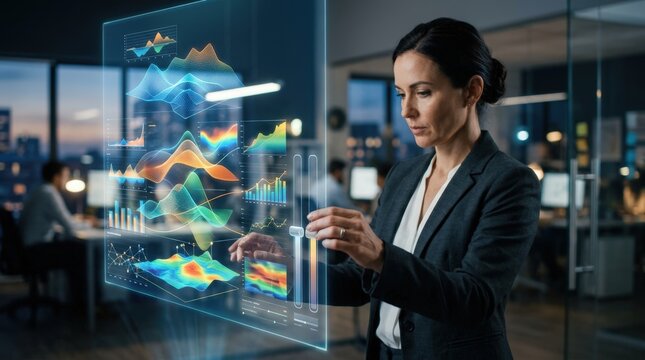 Actuary analyzing layered 3D financial data of fund liabilities on a virtual screen with hands in focus sliding scenario controls and a blurred modern workspace behind.