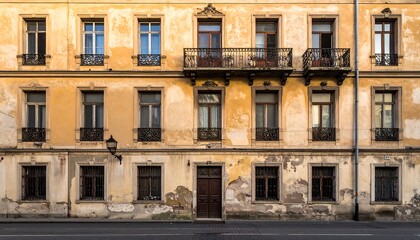 Fototapeta premium A weathered three-story building with numerous windows and a balcony. The facade reveals a distressed paint job, and a street is visible in the foreground