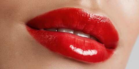 Obraz premium Close-up of glossy red lips with soft lighting highlighting the texture and shine