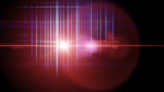 Red lens flare with a bright anamorphic light streak scanning horizontally over a background of vertical blue glowing lines to represent data processing or high tech security.