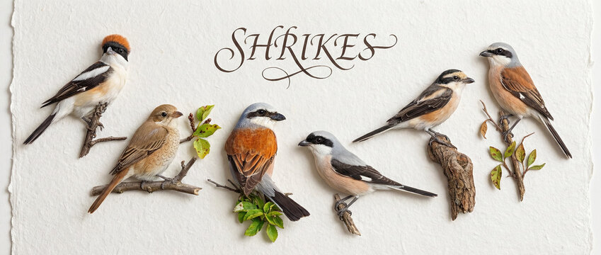 Artistic illustrations of various shrike species on textured paper.