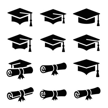 Graduation Caps and Diplomas Icons Set Education Achievement Symbols