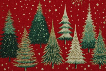 Obraz premium Christmas trees with gold and green glitter decoration on red background, festive holiday concept with sparkling lights and seasonal celebration design for winter event.