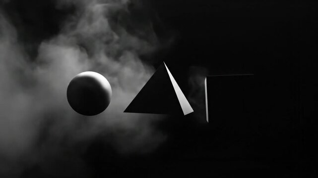 Abstract three dimensional shapes including sphere pyramid and cube appearing in smoky dark environment