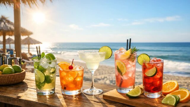 Fresh summer cocktails on beach table with ocean view tropical drinks colorful refreshing scene