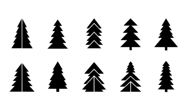 Geometric pine tree silhouettes vector minimal conifer icons modern forest set