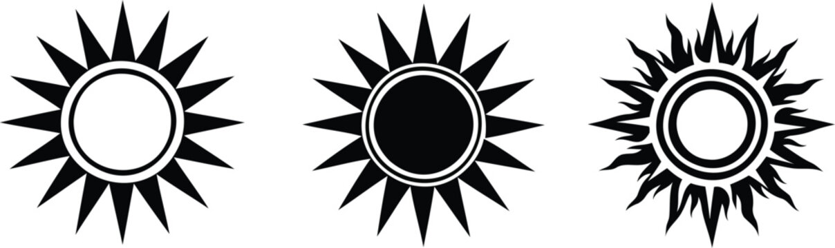 Collection of black sun tattoo silhouettes with tribal flame rays isolated on white background providing celestial graphic design elements for artistic branding and creative projects.