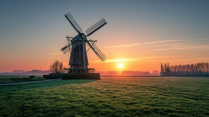 Obraz premium Traditional windmill at sunrise over green field with golden sky serene countryside landscape view