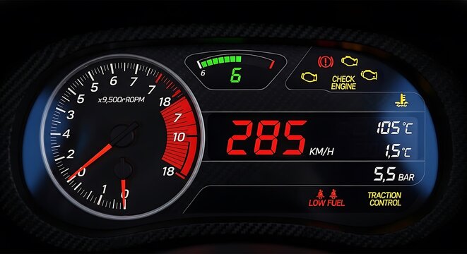 A car dashboard gauge displays a temperature reading of 285 degrees Celsius.