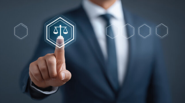 Businessman Interacting with Scales Icon Interface in a Modern Digital Setting for Legal Services and Business Solutions