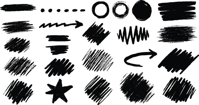 Black grunge brush stoke set. Hand drawn crayon underline, zigzag, dash line collection. Wet or dry pastel pencil doodle scribble bundle. Vector rough chalk charcoal sketch